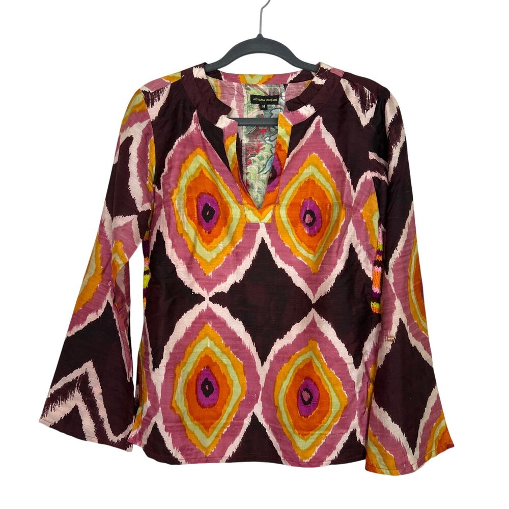 Aoyama Itchome Womens M Multi Boho Retro Long Sleeve Silk Mixed Media Blouse
